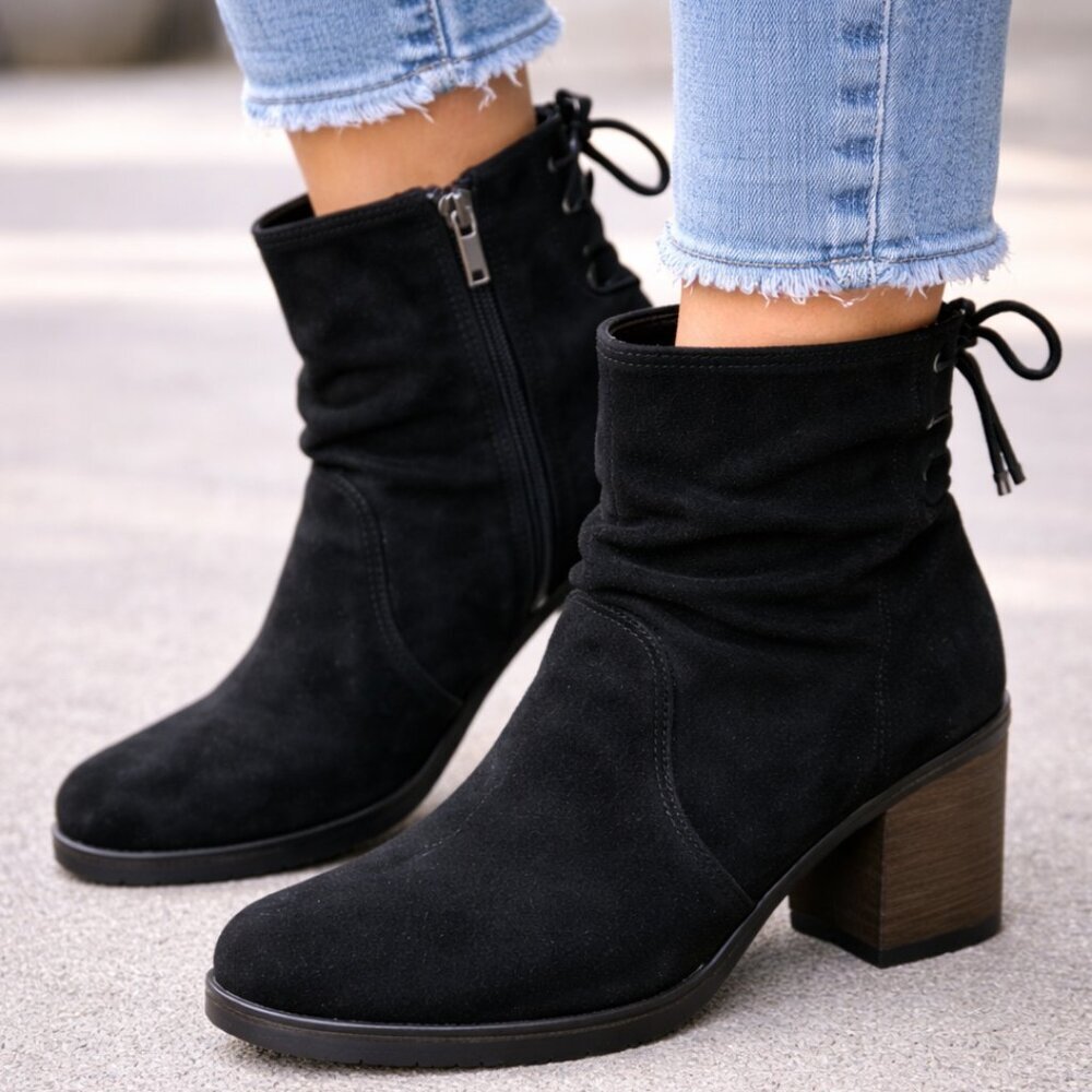 Bos & Co Barlow Black Suede Ankle Boots Size 38 Block Heel Made in Portugal